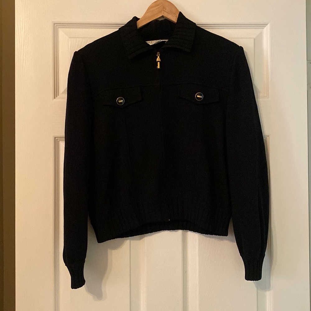 St. John Black Zip Up Jacket with Gold Buttons